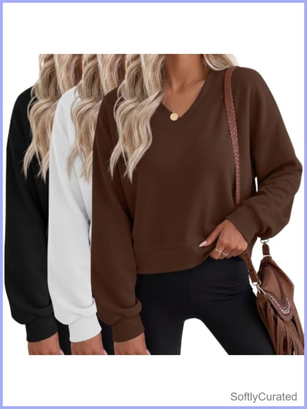 3 Pack Women Cropped Long Sleeve Fleece V-Neck Sweatshirts Polyester Cotton